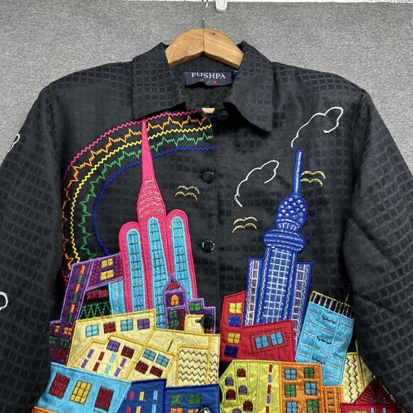 PUSHPA Vintage Blazer Women's Medium Colorful Sky Scraper Buildings Rainbow 90s - Picture 5 of 15
